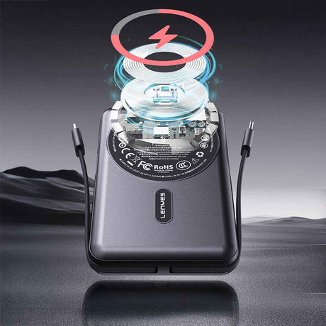 Lenyes P571 PD 22.5W Standlı M-safe Şarj Özellikli Type-C ve Lightning Kablolu Powerbank 15W 10000mAh