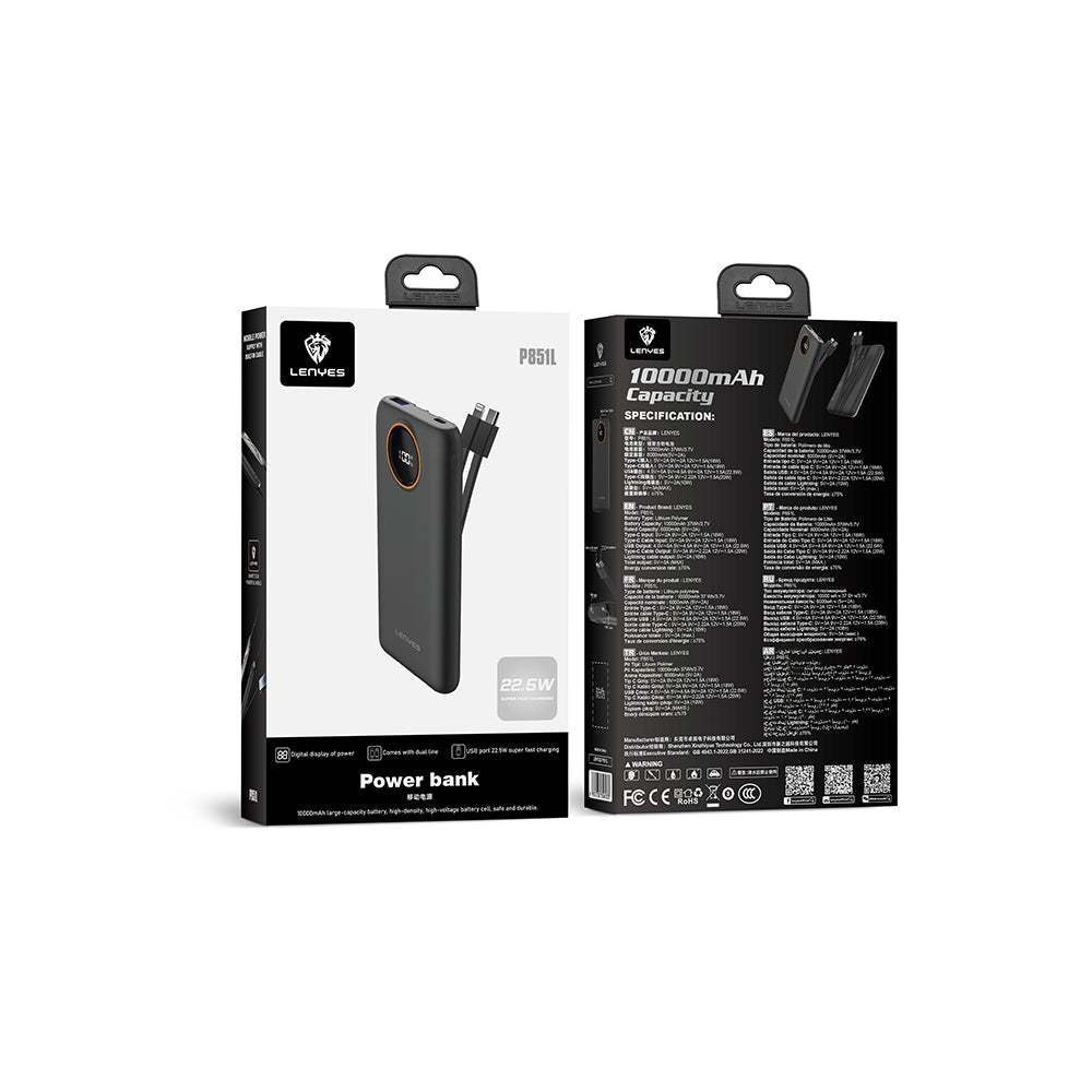 Lenyes P851L Dijital LED Göstergeli Type-C ve Lightning Kablolu Powerbank 22.5W 10000mAh