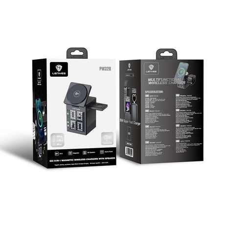 Lenyes PW320 Qi2 Şarj Teknolojili Alarmlı Bluetooth Speaker Özellikli Telefon&Akıllı Saat&Kulaklık 15W 6in1 Kablosuz Şarj Standı