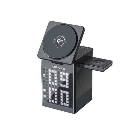 Lenyes PW320 Qi2 Şarj Teknolojili Alarmlı Bluetooth Speaker Özellikli Telefon&Akıllı Saat&Kulaklık 15W 6in1 Kablosuz Şarj Standı