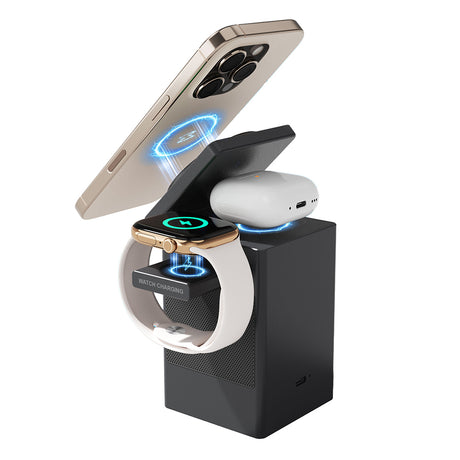 Lenyes PW320 Qi2 Şarj Teknolojili Alarmlı Bluetooth Speaker Özellikli Telefon&Akıllı Saat&Kulaklık 15W 6in1 Kablosuz Şarj Standı