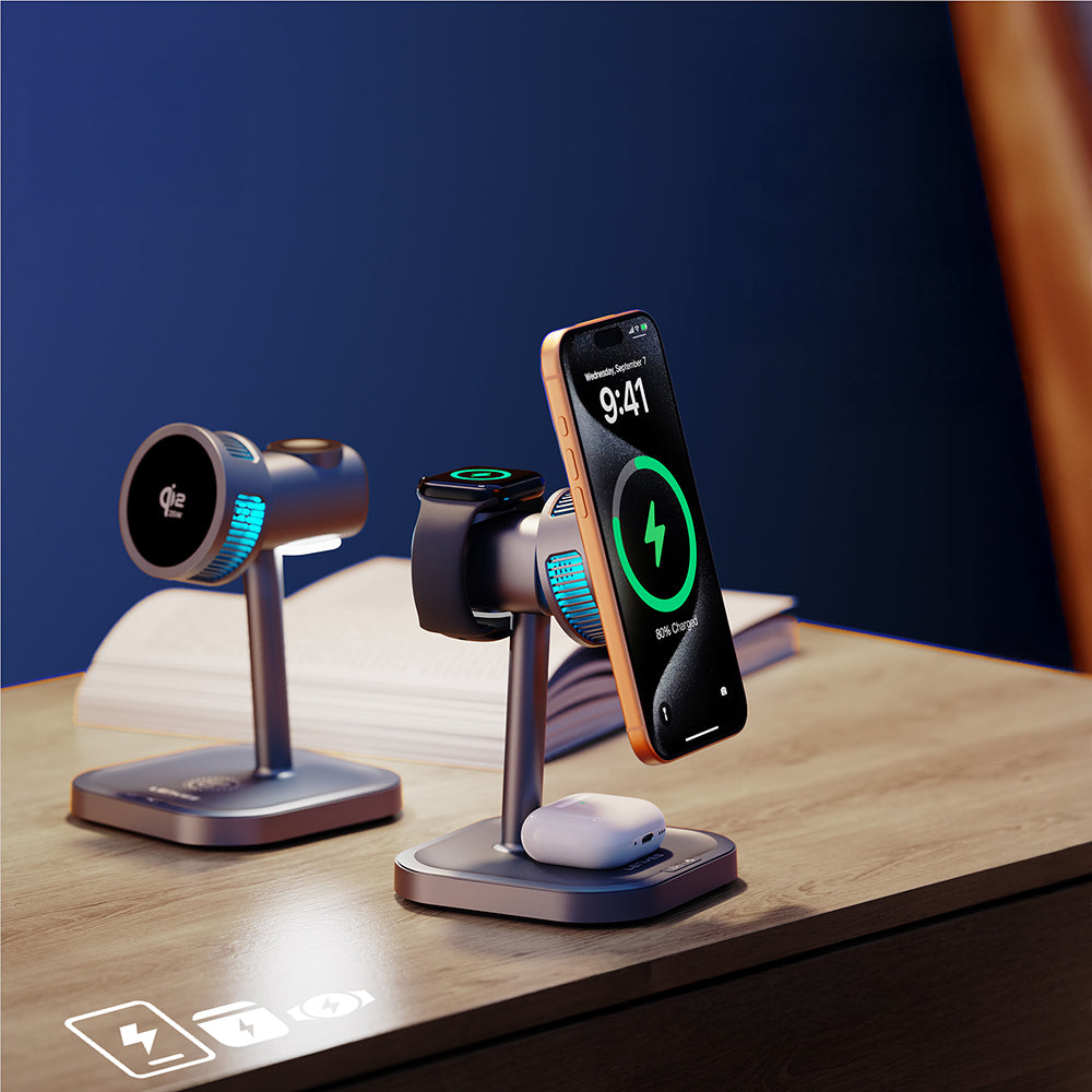 Lenyes PW323 Qi2 Şarj Teknolojili Ambiyans Işıklı Telefon&Akıllı Saat&Kulaklık 25W 3in1 Kablosuz Şarj Standı