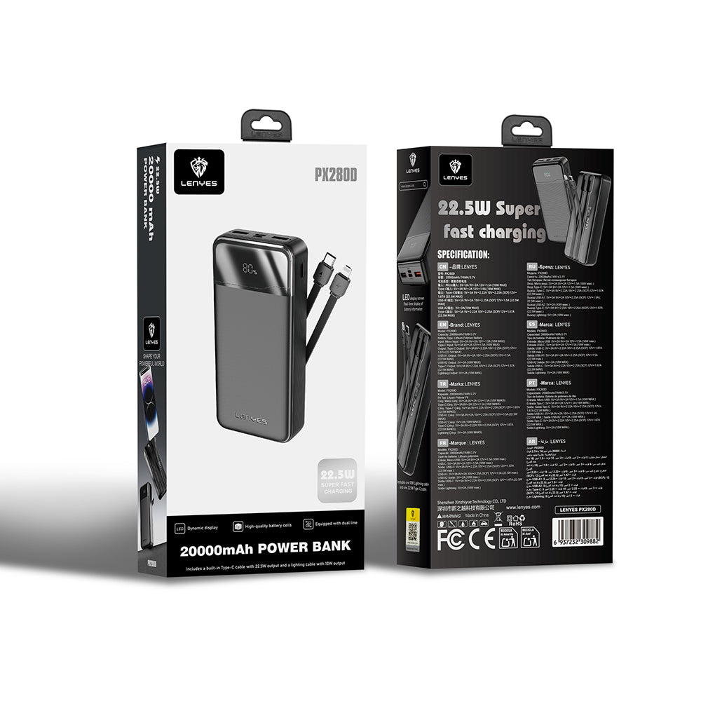 Lenyes PX280D Dijital LED Ekranlı Type-C ve Lightning Kablolu Powerbank 22.5W 20.000mAh