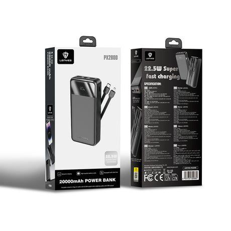 Lenyes PX280D Dijital LED Ekranlı Type-C ve Lightning Kablolu Powerbank 22.5W 20.000mAh
