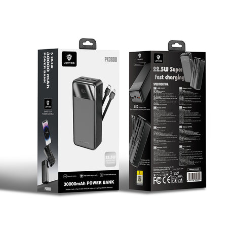 Lenyes PX380D Dijital LED Ekranlı Type-C ve Lightning Kablolu Powerbank 22.5W 30.000mAh