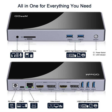 Qgeem QG-D6902 All in One Çoğaltıcı Type-C Hub Docking Station 4K-5K Displayport HDMI Destekli