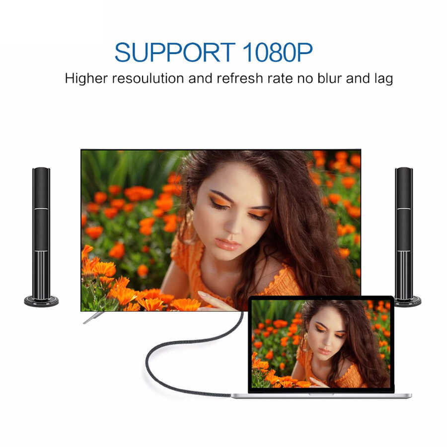 Qgeem QG-UA17 Type-C to VGA Adaptörü Yüksek Çözünürlüklü Dönüştürücü Kablo 1080p 60Hz 1.8 metre