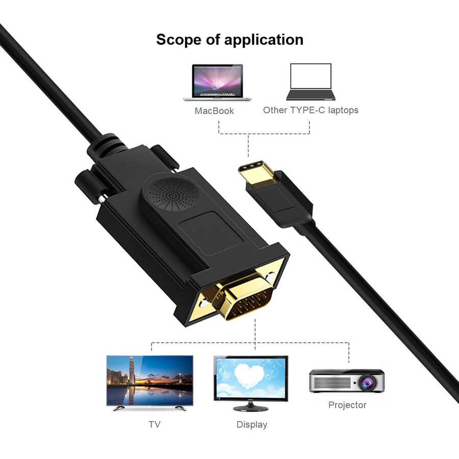 Qgeem QG-UA17 Type-C to VGA Adaptörü Yüksek Çözünürlüklü Dönüştürücü Kablo 1080p 60Hz 3 metre