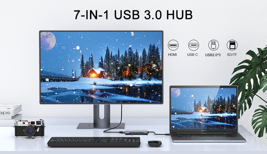 Qgeem QG-UH07-A Type-C Çoğaltıcı ve Dönüştürücü Hub Usb 3.0 HDMI 4K SD Kart 85W 5120Mbps