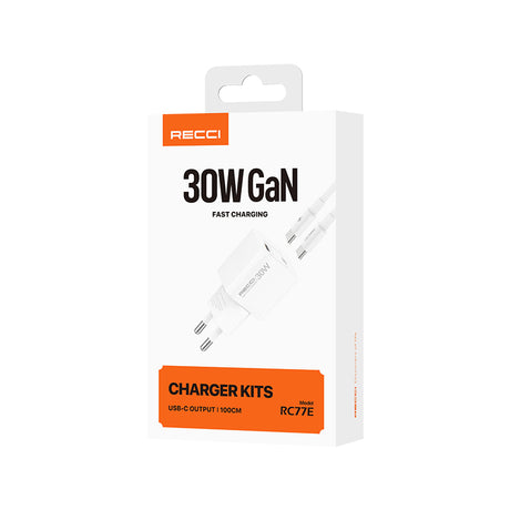 Recci RC77E GaN Teknolojili Hızlı Şarj Başlığı Type-C to Type-C PD 30W Kablolu Şarj Seti