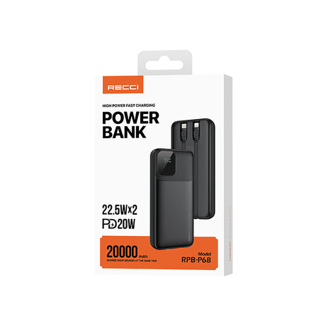 Recci RPB-P68 PD 20W Dijital LED Göstergeli Hızlı Şarj Özellikli Type-C ve Lightning Kablolu Powerbank 22.5W 20000mAh