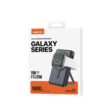 Recci RPB-W27 Galaxy Serisi Dijital LED Göstergeli Kablosuz Şarj Özellikli Type-C ve Lightning Kablolu Powerbank 20W 10.000mAh