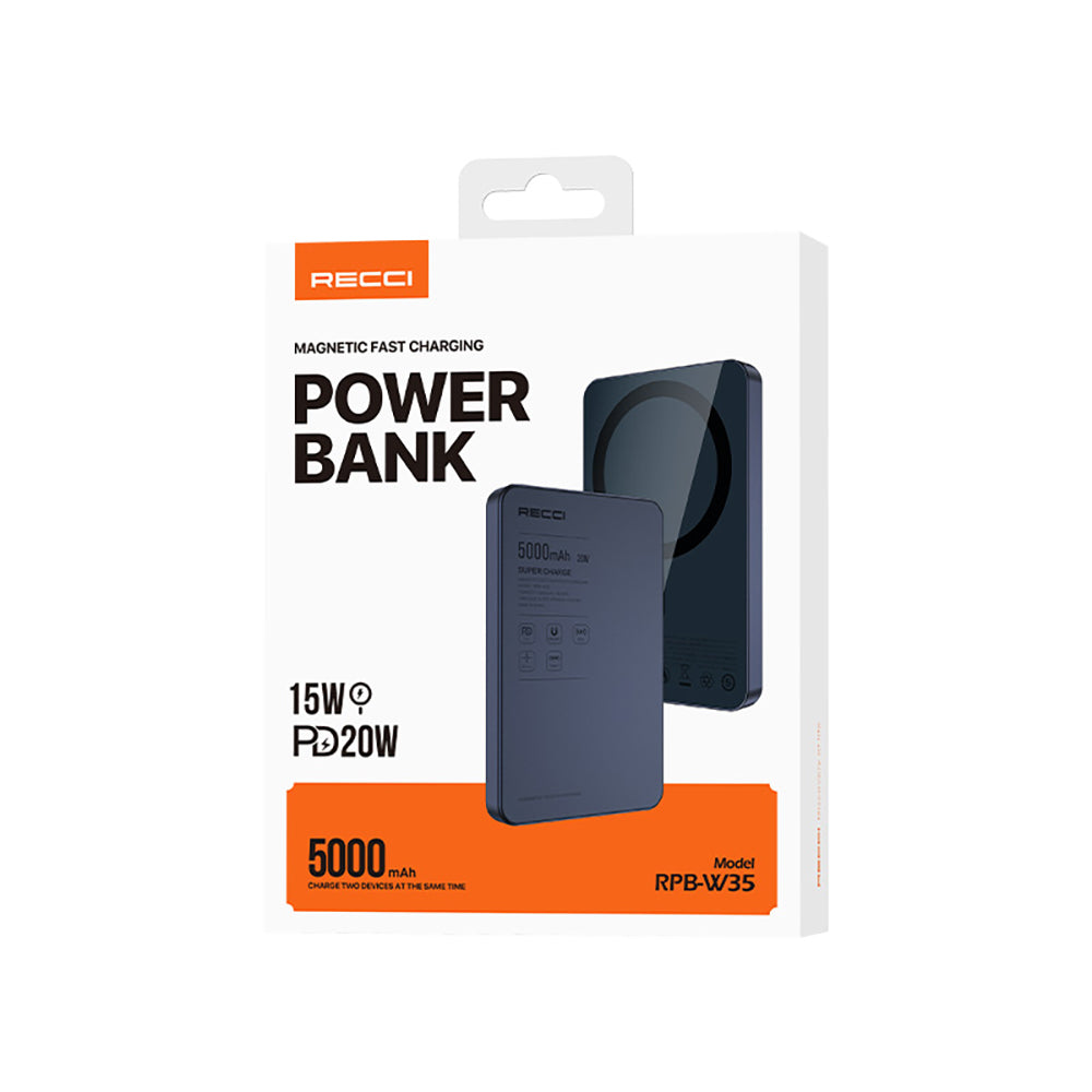 Recci RPB-W35 Ultra İnce PD 20W Hızlı Şarj Özellikli Wireless Powerbank 15W 5000mAh