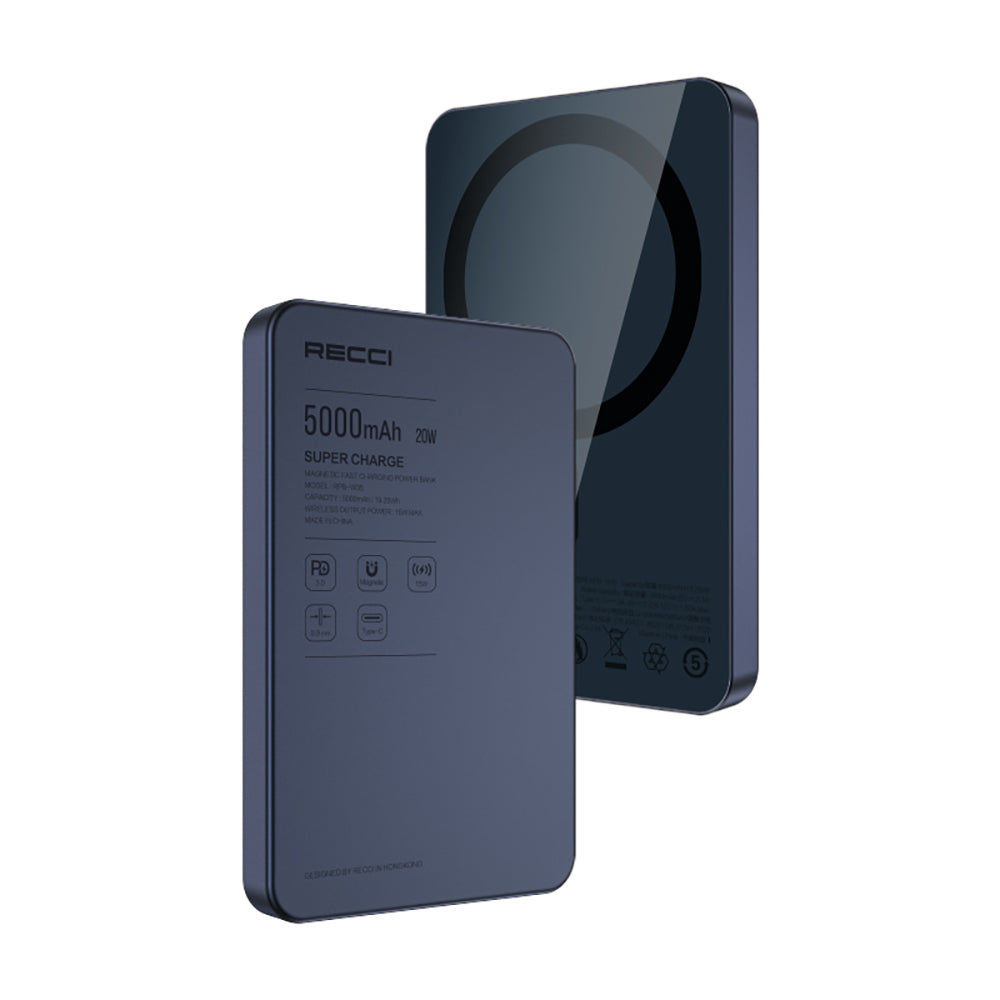 Recci RPB-W35 Ultra İnce PD 20W Hızlı Şarj Özellikli Wireless Powerbank 15W 5000mAh