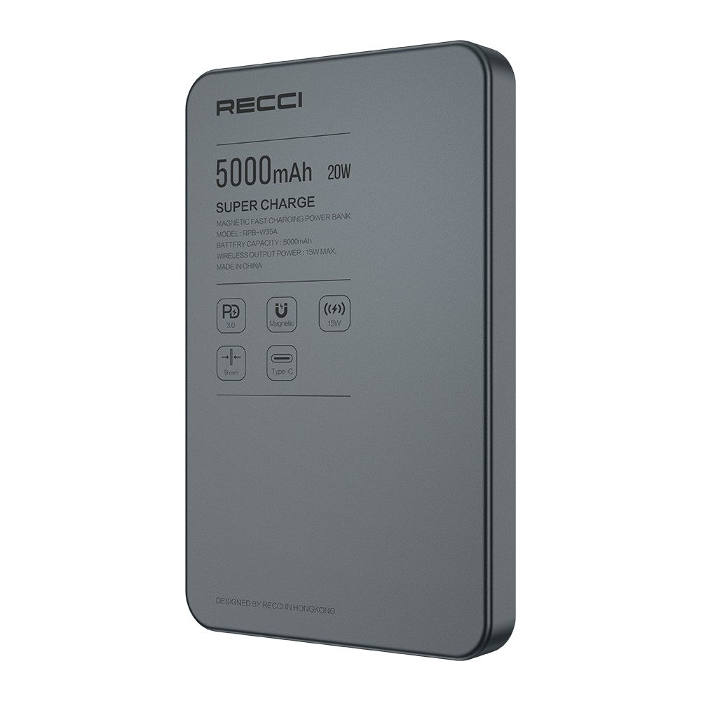 Recci RPB-W35A Ultra İnce PD 20W Hızlı Şarj Özellikli Wireless Powerbank 15W 5000mAh