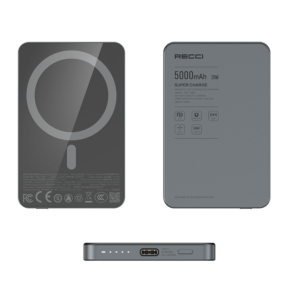 Recci RPB-W35A Ultra İnce PD 20W Hızlı Şarj Özellikli Wireless Powerbank 15W 5000mAh