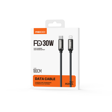 Recci RS35CL Type-C to Lightning PD 30W Örgü Tasarımlı Hızlı Şarj Özellikli Data ve Şarj Kablosu 1M