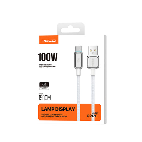 Recci RS42C Lamp Display Serisi USB-A to Type-C 100W Hızlı Şarj Özellikli Data ve Şarj Kablosu 1.5M