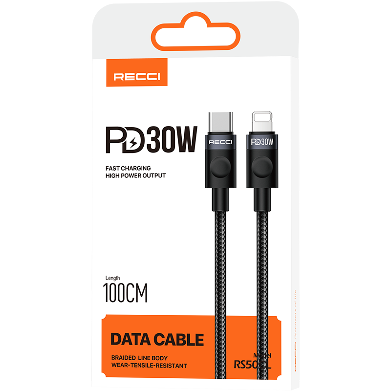 Recci RS50CL Type-C to Lightning PD Örgü Tasarımlı Hızlı Şarj Özellikli Data ve Şarj Kablosu 30W 1M