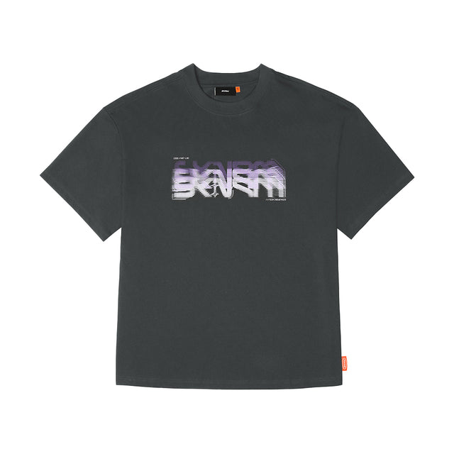 Skinarma Glitch Kısa Kollu Oversize Unisex Bisiklet Yaka Gri Tişört