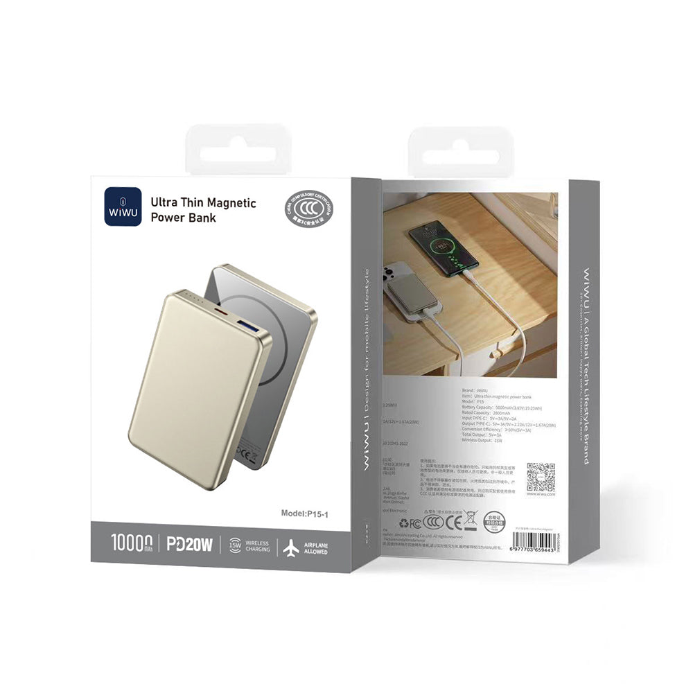 Wiwu P15-1 LED Işık Göstergeli Ultra İnce PD 20W Kablosuz Powerbank 10000mAh 15W