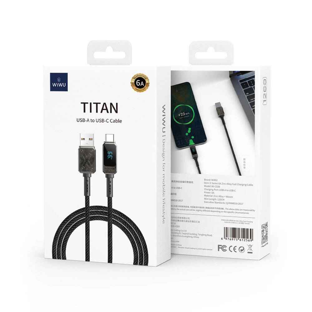 Wiwu Wi-C038 Titan Serisi USB-A to Type-C 6A 66W LED Dijital Göstergeli Şarj ve Data Kablosu 1.2M