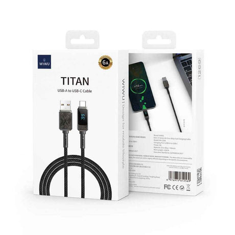 Wiwu Wi-C038 Titan Serisi USB-A to Type-C 6A 66W LED Dijital Göstergeli Şarj ve Data Kablosu 1.2M