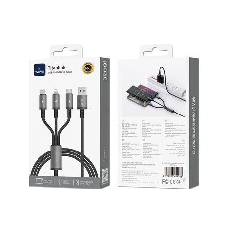 Wiwu Wi-C059 Titanlink Serisi 3in1 USB-A to Lightning – Type-C – Micro Örgülü Şarj ve Data Kablosu 66W 1.2m