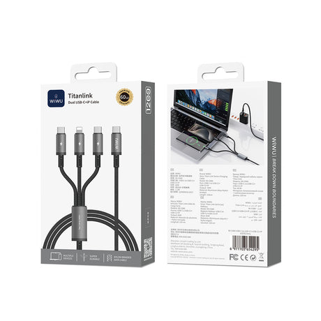 Wiwu Wi-C060 Titanlink Serisi 3in1 Type-C to Lightning – 2xType-C Örgülü Şarj ve Data PD Kablo 60W 1.2m