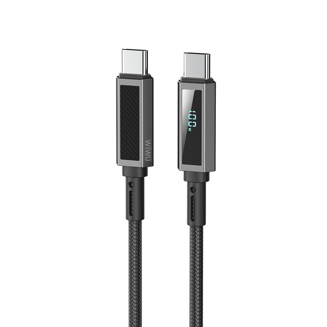 Wiwu Wi-C079 Warriors Serisi Aramid Fiber Dijital LED Göstergeli Type-C to Type-C PD Data ve Şarj Kablosu 100W 1.2M