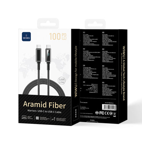 Wiwu Wi-C079 Warriors Serisi Aramid Fiber Dijital LED Göstergeli Type-C to Type-C PD Data ve Şarj Kablosu 100W 1.2M