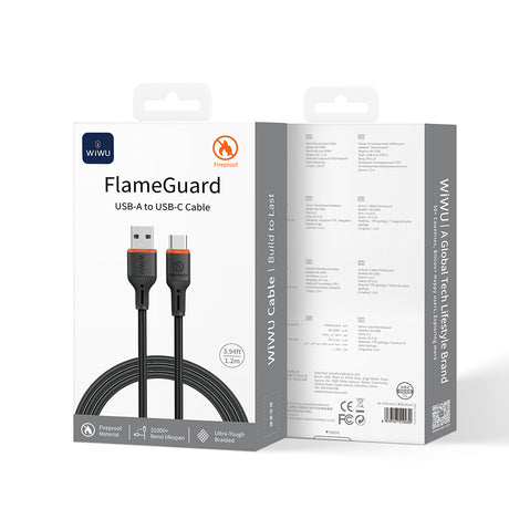 Wiwu Wi-C096 Flame Guard Serisi USB-A to Type-C Hızlı Şarj Özellikli Data ve Şarj Kablosu 1.2M