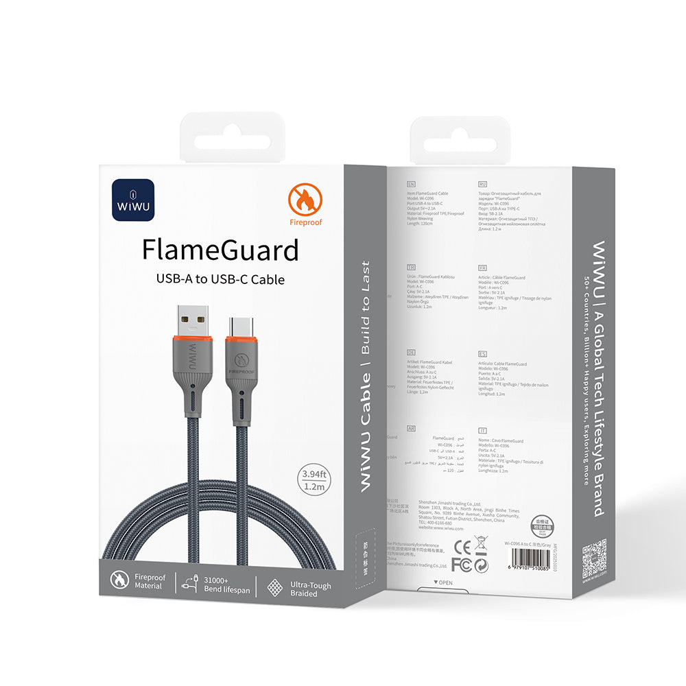 Wiwu Wi-C096 Flame Guard Serisi USB-A to Type-C Hızlı Şarj Özellikli Data ve Şarj Kablosu 1.2M