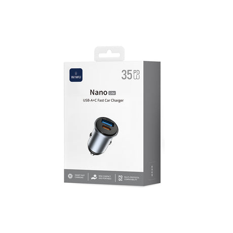 Wiwu Wi-CC030 Nano Lite Serisi Type-C + USB-A Hızlı Şarj Özellikli Akım Korumalı Araç Şarj Aleti PD ve QC3.0 35W
