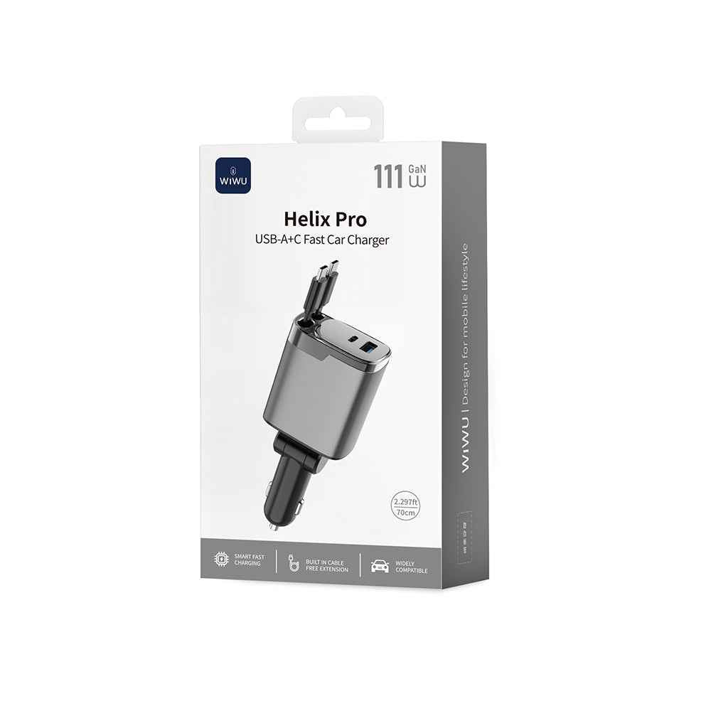 Wiwu Wi-CC034 Type-C + USB-A Hızlı Şarj Özellikli GaN Teknolojili Dahili Kablolu Araç Şarj Aleti 11W