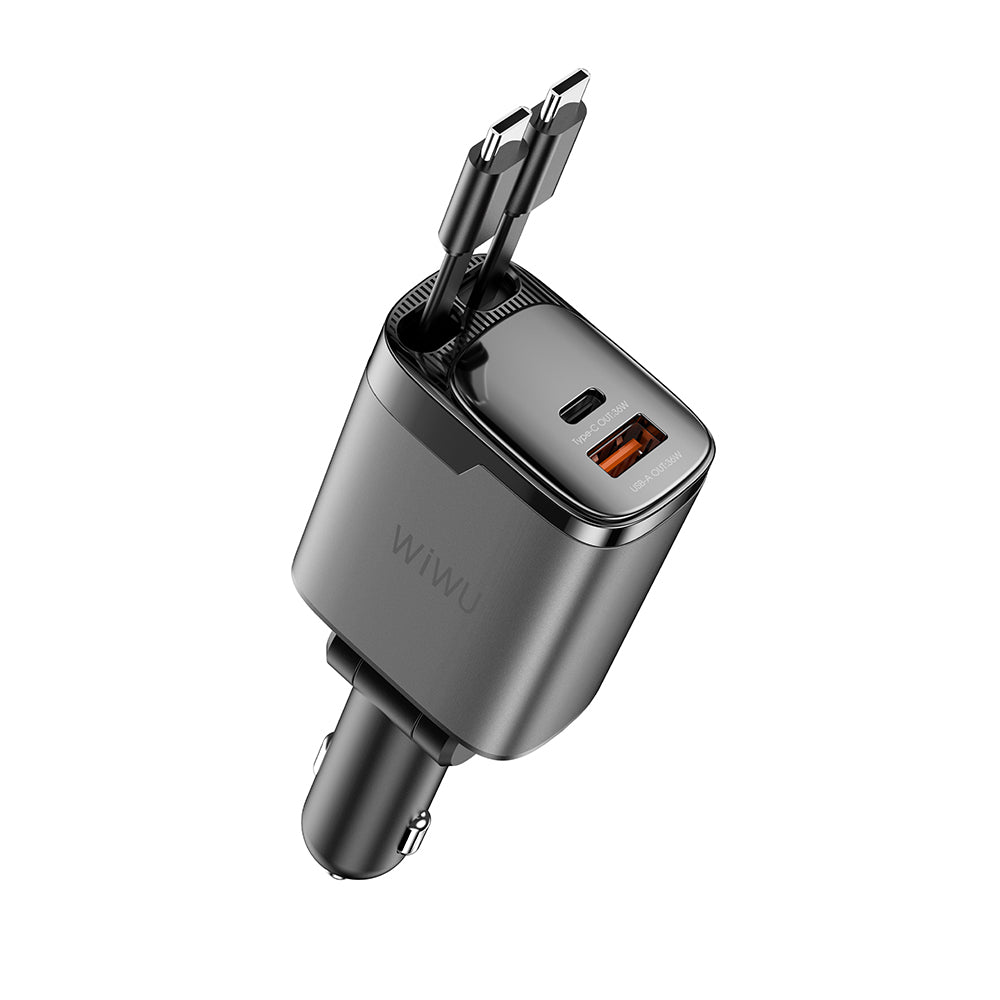 Wiwu Wi-CC034 Type-C + USB-A Hızlı Şarj Özellikli GaN Teknolojili Dahili Kablolu Araç Şarj Aleti 11W