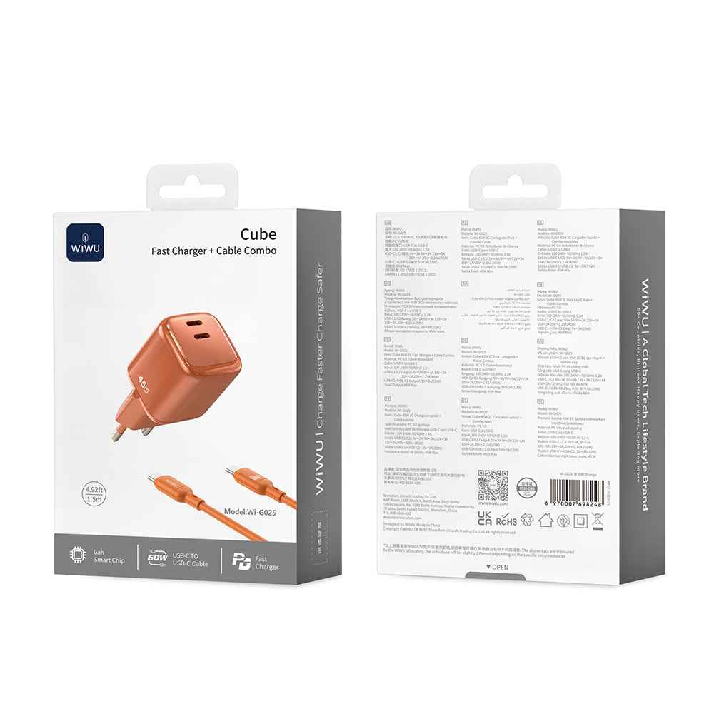 Wiwu Wi-G025 Cube Serisi Type-C to Type-C GaN Tech Hızlı Şarj Özellikli Kablolu Şarj Seti 47W
