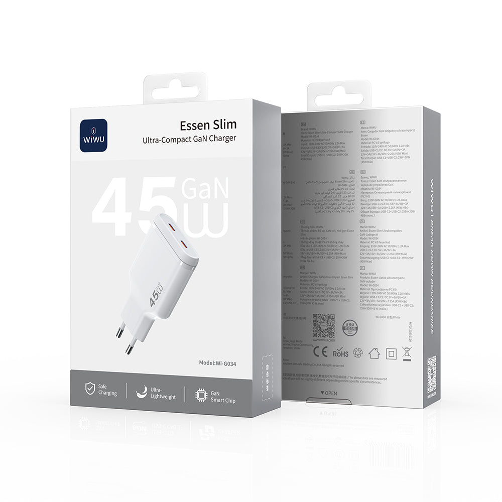 Wiwu Wi-G034 Essen Slim Serisi GaN Tech PD Hızlı Şarj Özellikli Şarj Başlığı 45W