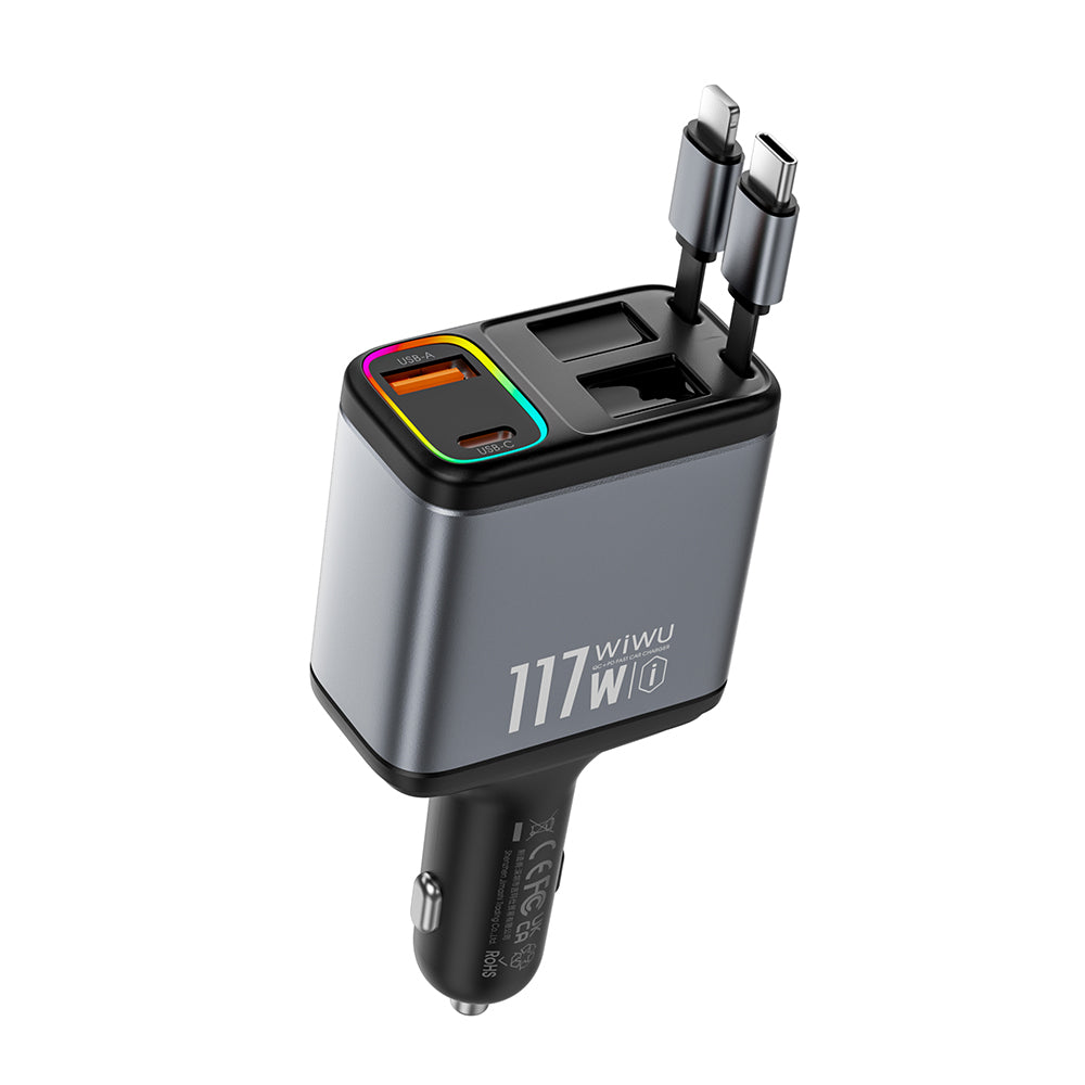 Wiwu Wi-QC027 Exeed Serisi Type-C&Lightning Kablolu + USB-A Hızlı Şarj Özellikli Led Göstergeli Araç Şarj Aleti 117W