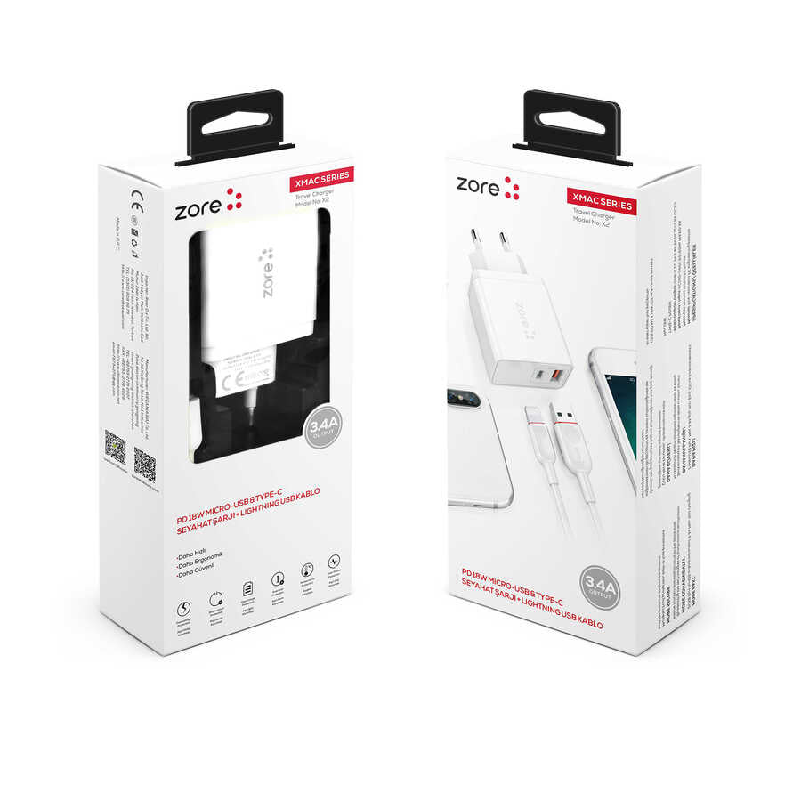​Zore XMac Serisi ZR-X2 Lightning 2 in 1 Şarj Seti